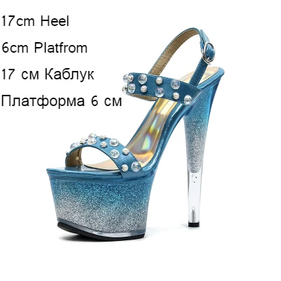 Sandals Women Summer Blue 17cm Sexy Super High Thin Heel Gladiator Glitter Gradient Rivet Open Toe Platfrom Buckle Strap Shoes - Цвет: Blue 17cm Heel