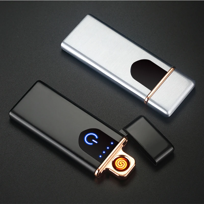 Rechargeable Electric Windproof Lighter Touch Screen Tungsten Heating Electronic Cigarette Lighters Thin USB Charging Lighter