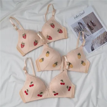 

Summer Thin Girls No Steel Ring Underwear Set Gather Sexy Bra Vintage Art Small Fresh Fruit Embroidery Lace Trim Cotton Panties