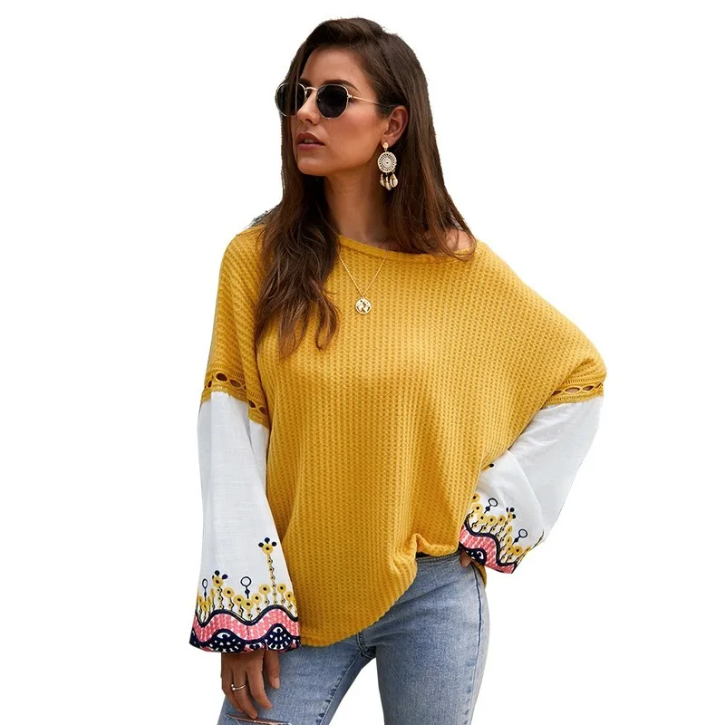 

Knitted Sweater Women New 2020 Autumn Stitching Printing Lantern Loose Fit Elegant Fashion O-Neck Pullovers Long Sleeve Top