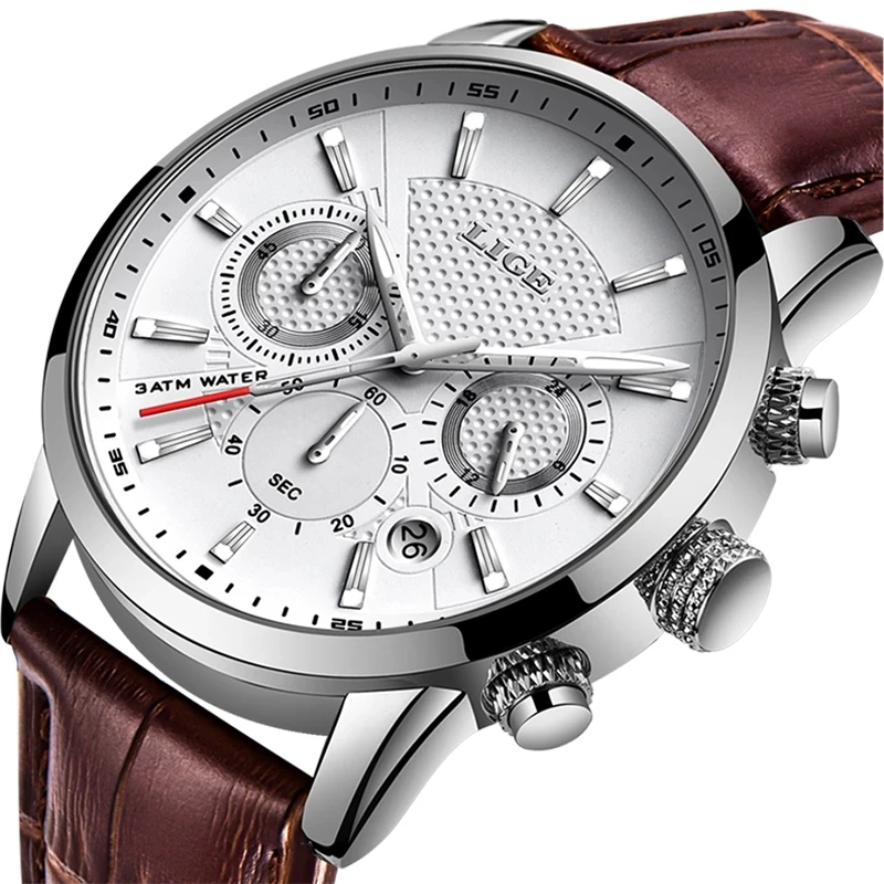 LIGE-reloj analógico con correa de cuero para hombre, nuevo accesorio de pulsera de cuarzo resistente al agua con cronógrafo, complemento Masculino deportivo de marca de lujo con fecha automática, 2021