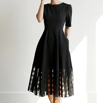 

Goth Solid Black Women A-Line Vintage Dress Fashion Office Ladies Short Sleeve High Waist Mid-Calf Summer Dress Retro Vestido
