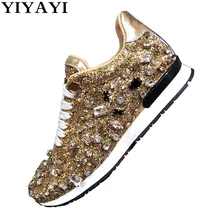 Женская обувь; Сникеры; Для женщин Стразы Женская обувь класса люкс на платформе перфорированные беговые кроссовки в стиле Повседневная обувь на плоской подошве золотого zapatillas mujer