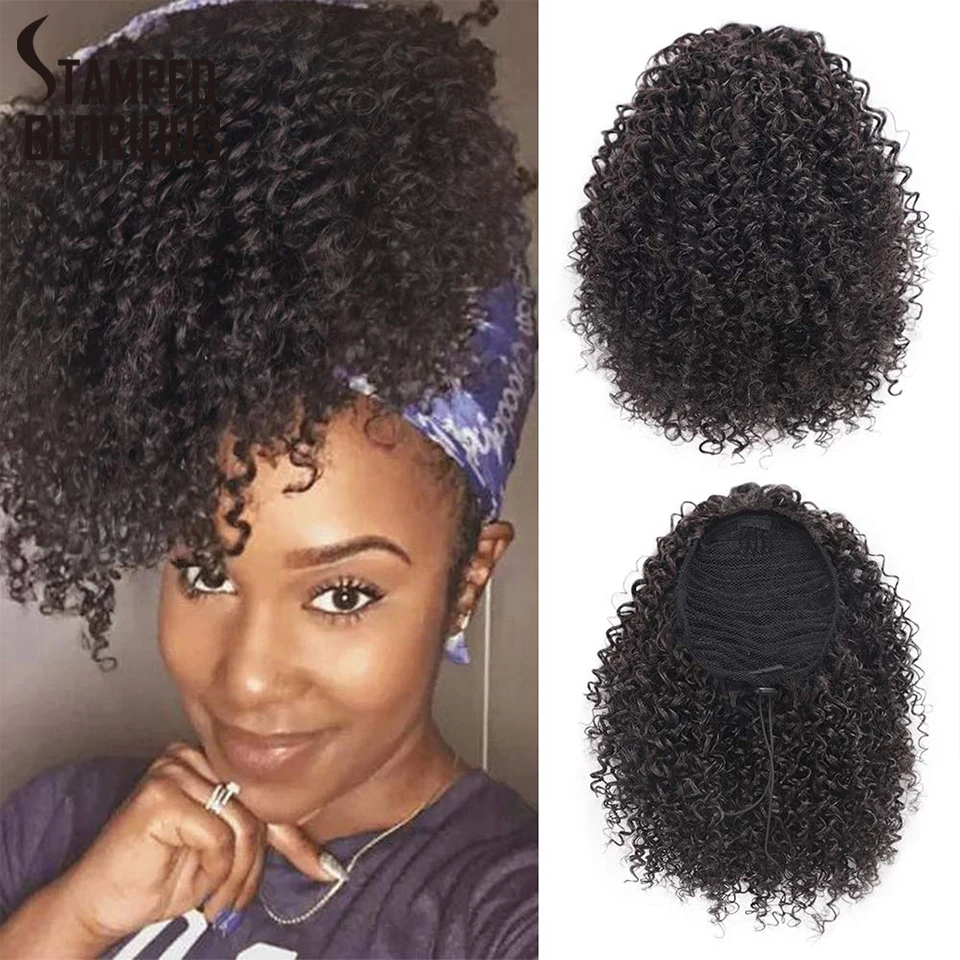 

Stamped Glorious Drawstring Afro Kinky Curly Synthetic Ponytail for Black Women Clip in Hair Extension Drawstring Natural Color