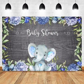 

Elephant Baby Shower Backdrop Blue Flower Cute Animal Background Photography Wood Baby Shower Party Dessert Table Decorate Props