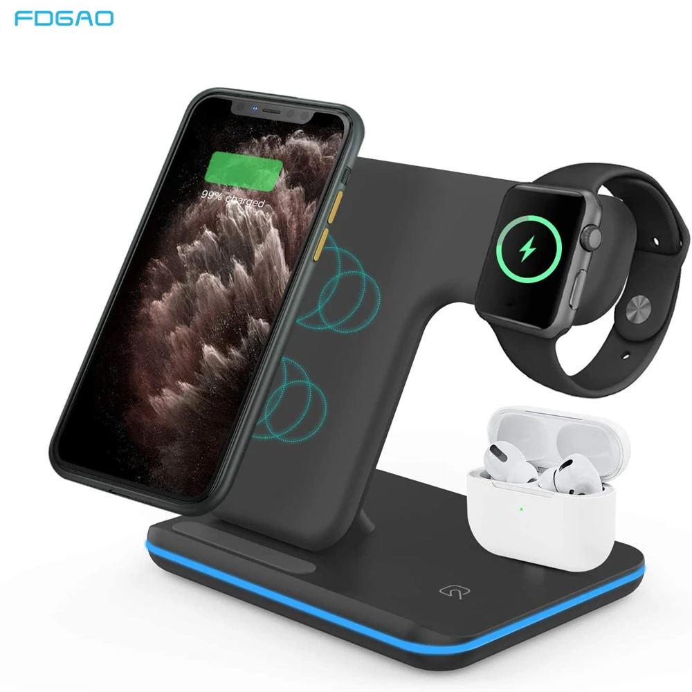 FDGAO 3 in 1 Fast Charging Station for AirPods 15W Qi Quick Wireless Charger For Apple Watch SE 6 5 4 3 iPhone 12 11 Samsung S21
