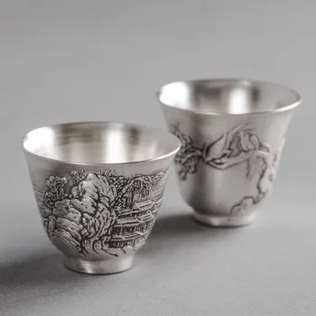 

Sterling Silver 999 Ceramic Relief Landscape Gilded Cup Tea Cup Inlaid Silver Cup