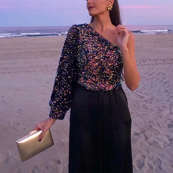 

women's new Slash neck One-Shoulder Sexy&Club short blouse multicolour sequined Polyester sloping shoulder T-shirt
