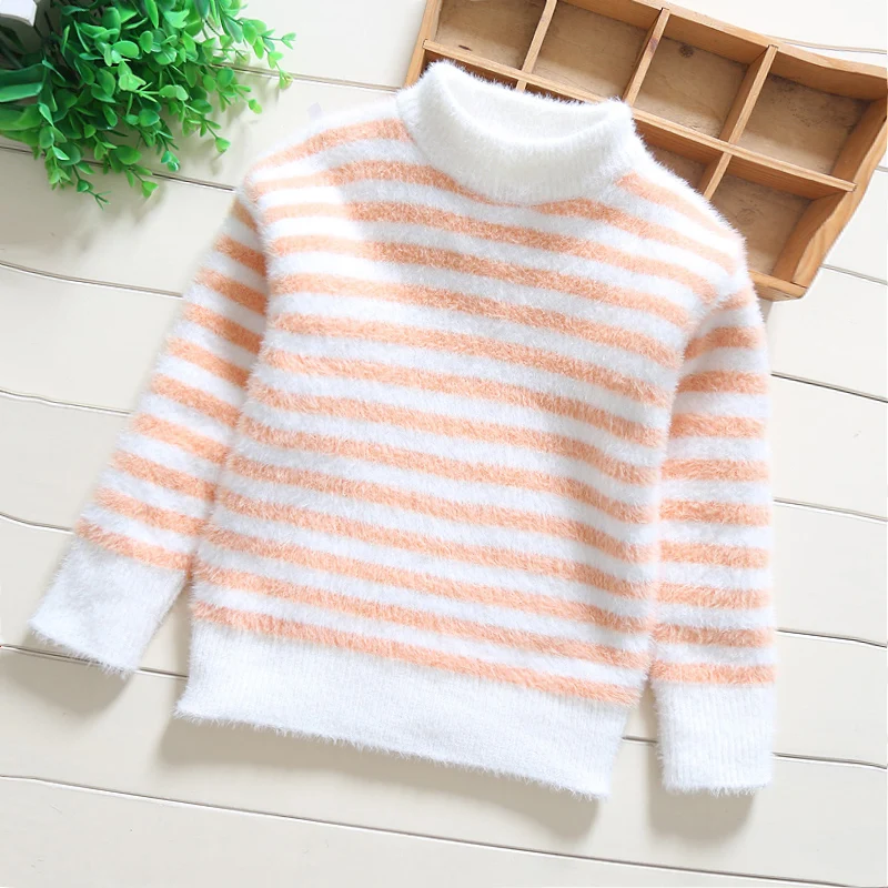 Girls Winter Sweater Water Mink Velvet Kids Wool Knit Clothes New Baby Boys Stripe Pullover Sweaters for Children Clothing - Color: Pink