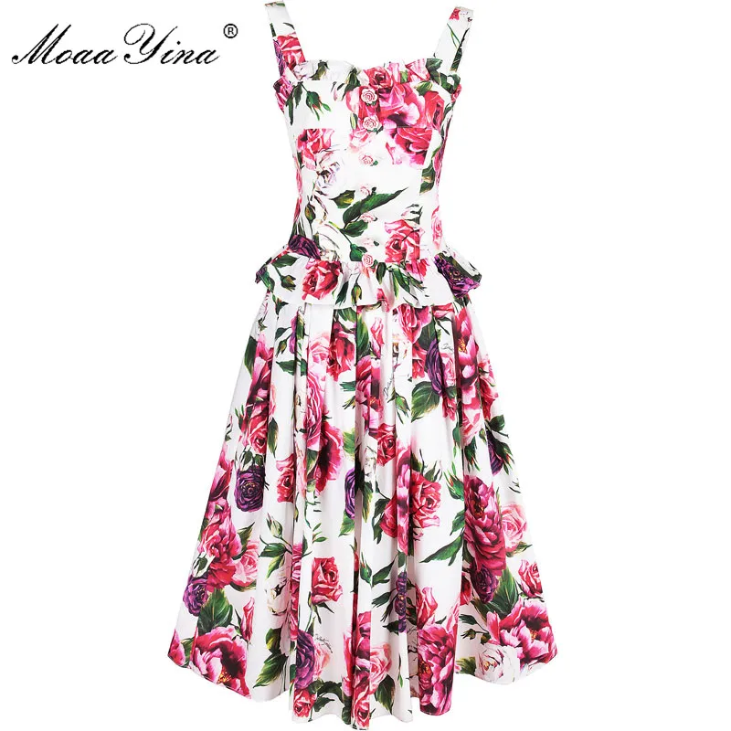 

MoaaYina Fashion Designer Set Spring Summer Women Rose Floral-Print Small sling Tops+skirt Two-piece suit