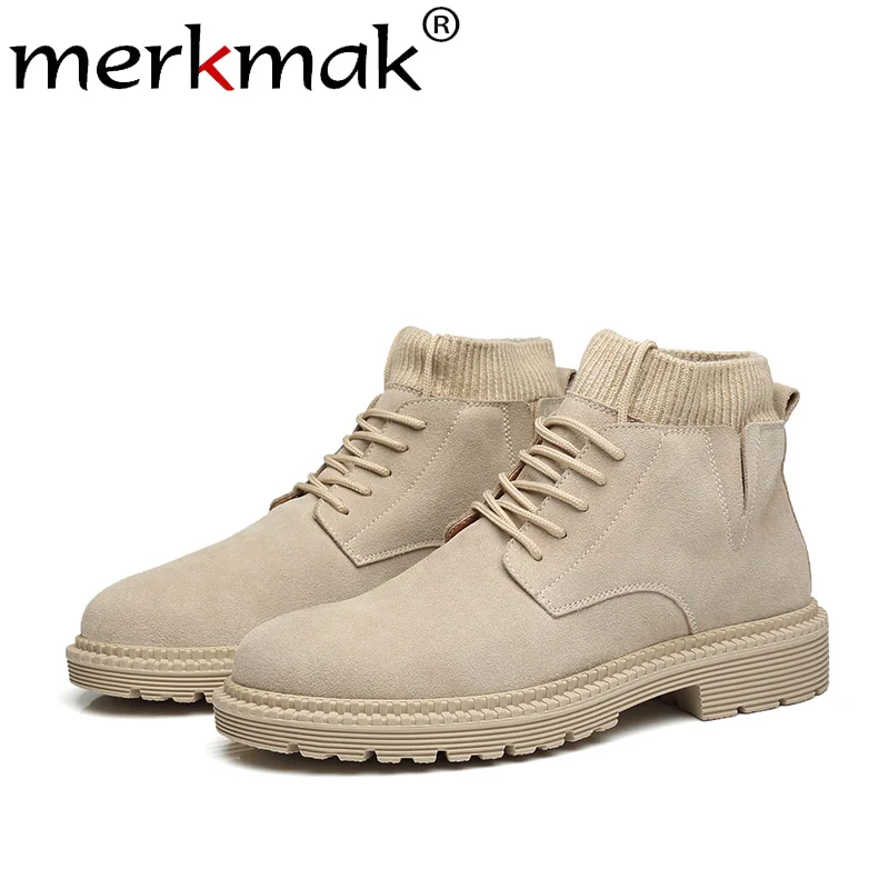 

Merkmak New Autumn Winter Men Boots Fashion Retro High Top Ankle Booties British Style Genuine Leather Oxford Boots Big Size