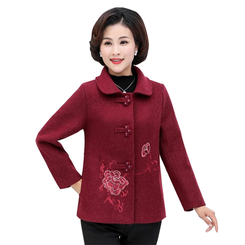 

2019 Autumn Winter New Cashmere Coat Women Floral Embroidery Long Sleeve Wool Outwear Slim Female Overcoat Plus Size 4XL