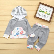 Детский комплект из двух предметов, штаны с длинными рукавами Модный хлопковый свитер в полоску с капюшоном и цветочным принтом для мальчиков и девочек, штаны Весна-Осень