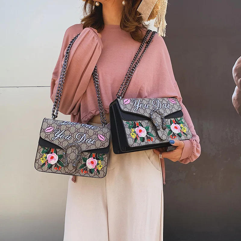 

2019 Bag Women's Bag with Chain Summer New Style Embroidered Large Small WOMEN'S Shoulder Bag Women's Over-the-shoulder Bag