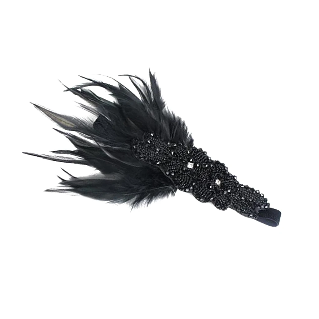 Charleston Style Black Feather  Rhinestone Hair Flower Headband Bridal For Bride