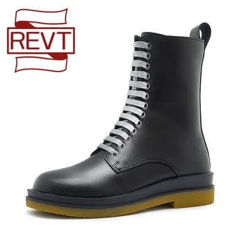 

REVT Martin boots female British style mona same style mid-tube lace-up boots new spring autumn all-match leather boots M026