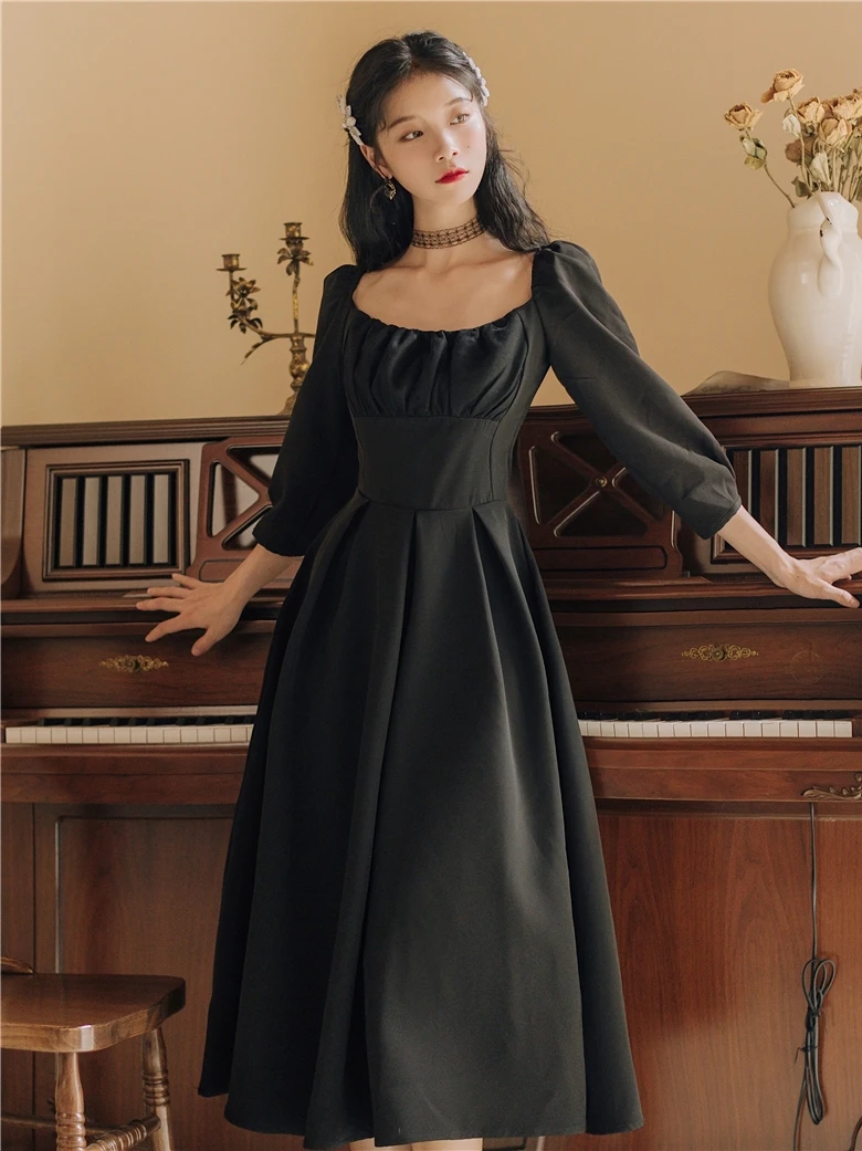 YOSIMI, Осеннее женское платье, длинный рукав, винтажное, до середины икры, элегантное, французское, романтичное, Ретро стиль, облегающее и расклешенное, черное, зимнее платье