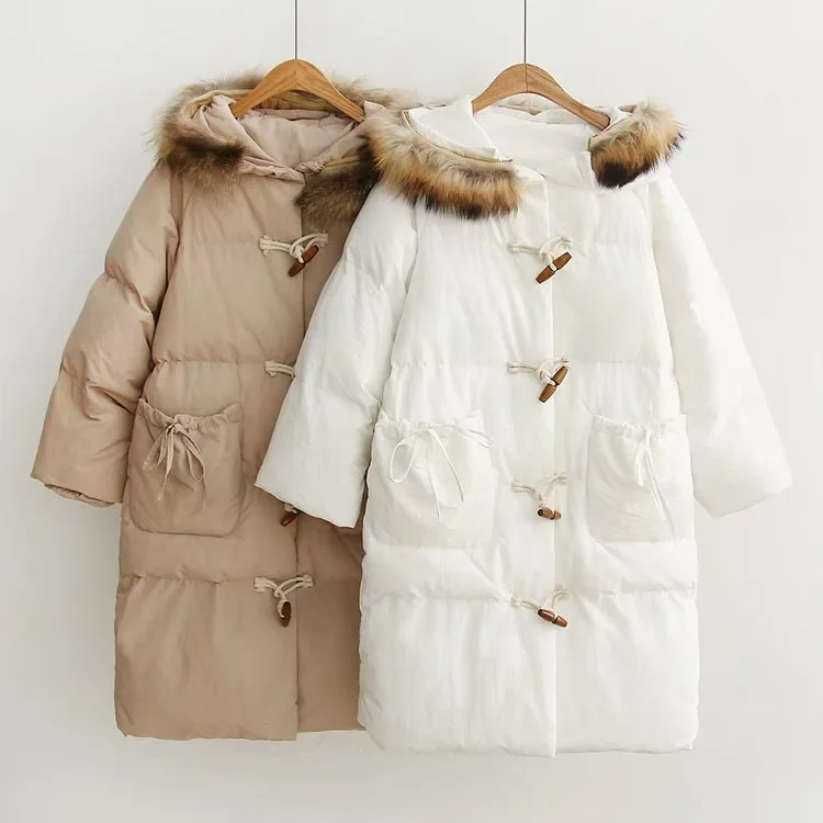 

Korean-style Winter New Style Simple Solid Color Thick Warm Hooded Fur Collar Toggle Long down Coat Cotton-padded Clothes Women'
