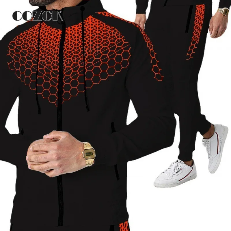 

Men's Spring And Autumn High-quality Fashion 3d Sportswear Suit New Long-sleeved Zipper Hoodie + Jogging Pants 2-piece Set