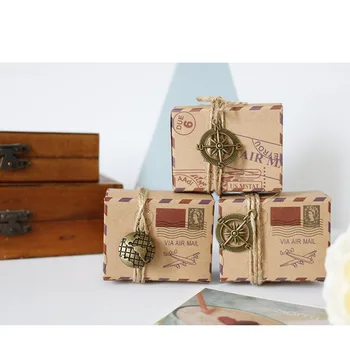 

10sets Vintage Postge Air Mail Plane Design Rustic Kraft Gift Box with Compass Mini Globe Candy Favor Box Party Treat Packing