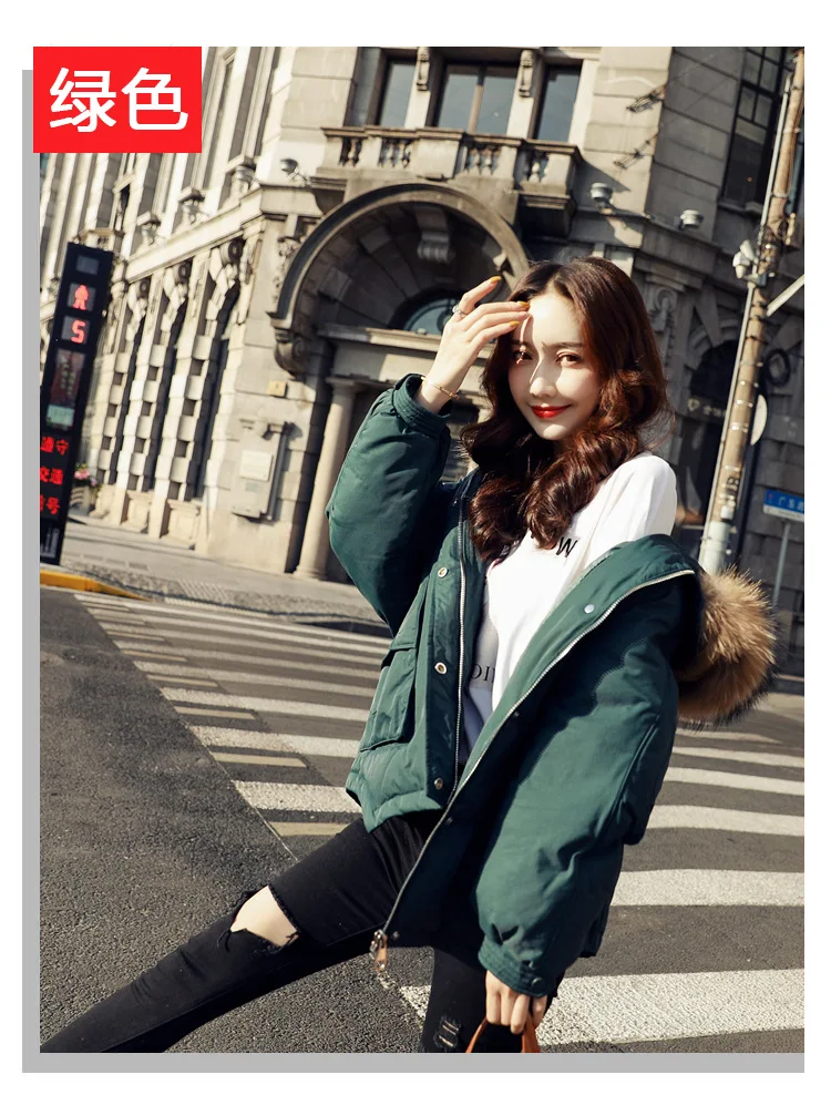 women newest hooded short duck down jacket with big fur collar female loose fashion Korean style coat thickened winter jackets