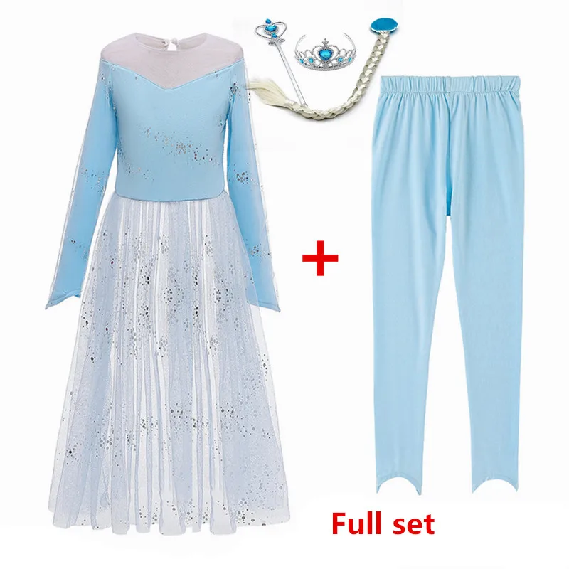 Blue B Full Set Г. Лидер продаж! Новое платье Снежной Королевы Эльзы синий костюм для косплея для детей, платье для девочек, пальто, леггинсы Рождественский подарок с короной - Цвет: Blue B Full Set