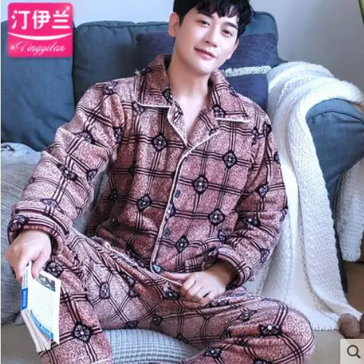 Fashion Brand Luxury Winter Pajamas Men Sleepwear Thick Warm Coral Fleece Mens Pajama Set Male Nightwear Leisure Home Clothing - Цвет: 026