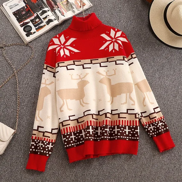 Only Sweater Рождественский свитер и вязаная юбка, комплект из двух предметов, Женская водолазка, свободный жаккардовый джемпер с оленем+ черная юбка-карандаш с разрезом, наряды - Цвет: Only Sweater