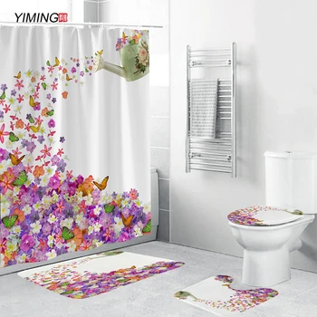 

180X180cm Bathroom non-slip set beautiful flower butterfly printing shower curtain non-slip carpet toilet mat shower curtain set