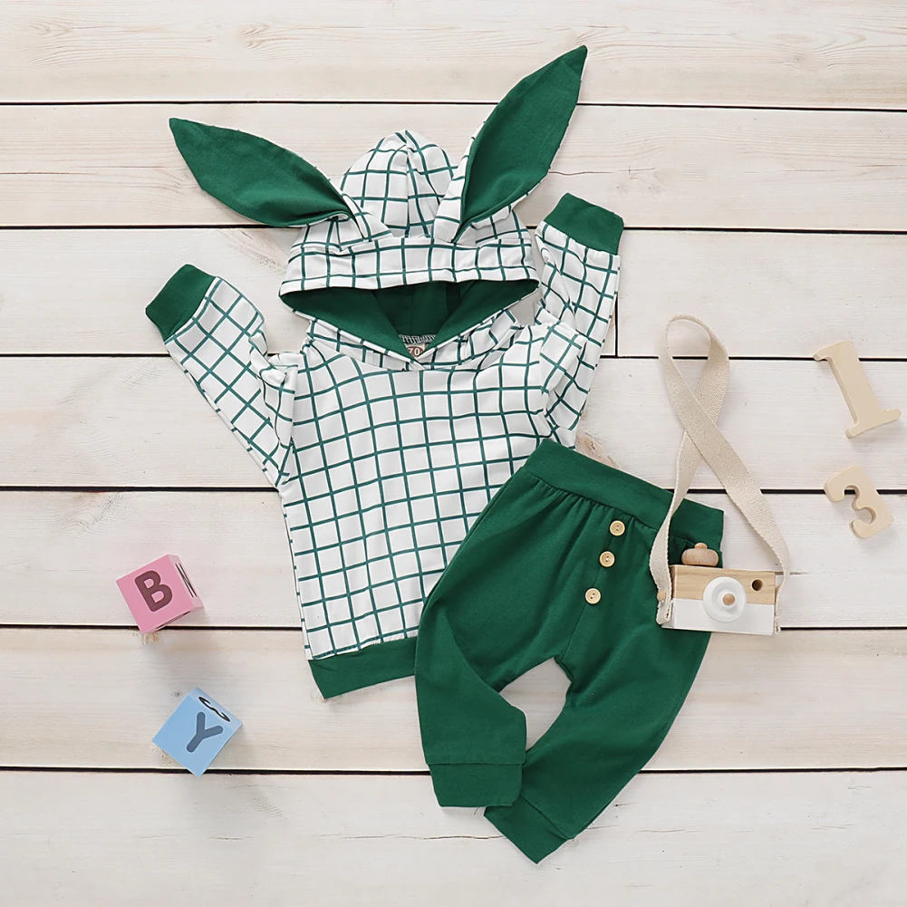 Focusnorm 0-24M Autumn Baby Boy Girl Clothes Set Print Ears Plaid Sweatshirt Tops Long Pants Girl Autumn Outfit Tracksuit