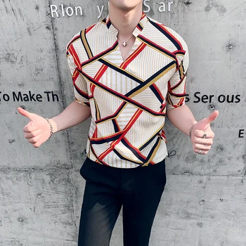 

2019 Summer Casual Shirts Men Half Sleeve Shirt Geometric Print Shirt Male V Neck Tops Social Shirt Camiseta Masculina