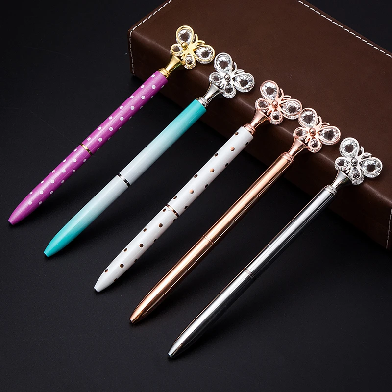 50 Pcs Crystal Butterfly Ball Point Pen Bullet Tip Metal Ball Pen Student Office Stationery Writing Pen Black Refill Wholesale