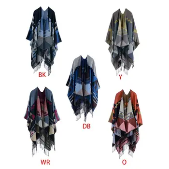 

Womens Boho Winter Poncho Shawl Cape Colorful Geometric Tassels Cardigan Wrap