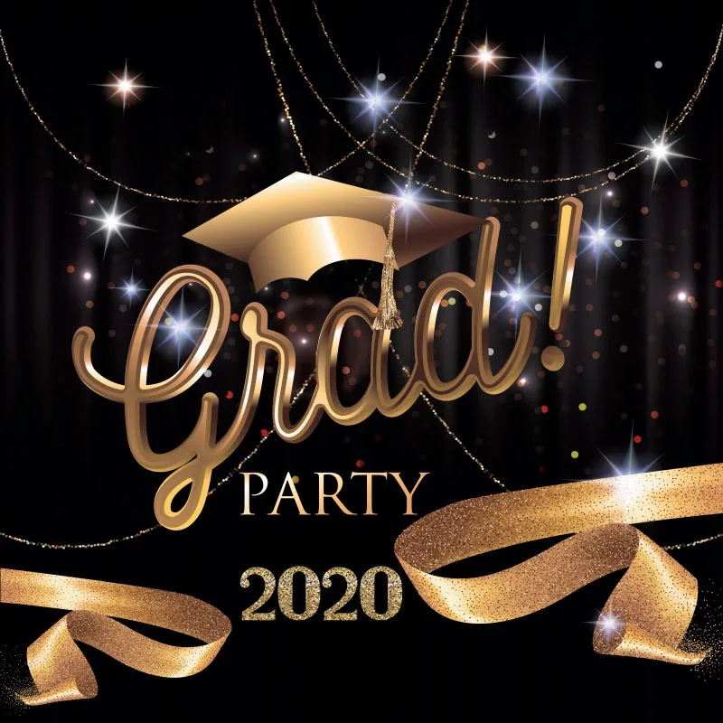 

Laeacco Grade Party Of 2020 Golden Ribbon Shiny Star Bachelor Cap Banner Pattern Photo Background Photography Backdrop Photocall