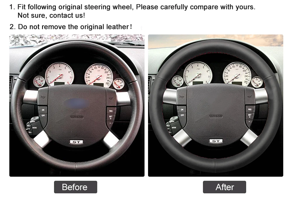 Hand-stitched Black Genuine Leather Anti-slip Soft Car Steering Wheel Cover for Ford Mondeo Mk3 2002-2006