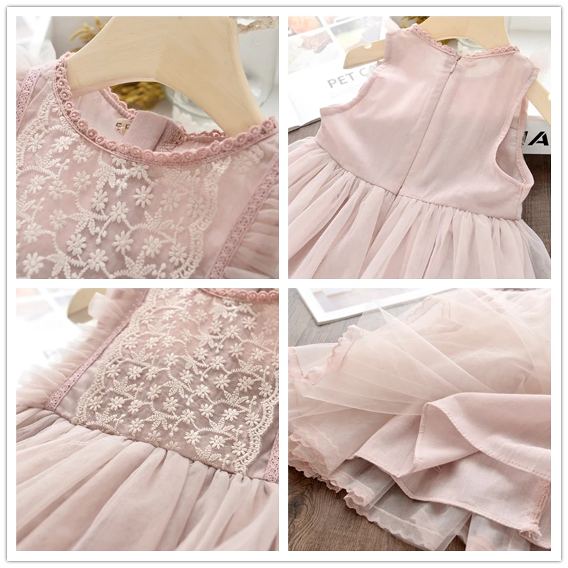Summer Toddler Girls Lace Cake Dress Kids Sleeveless Floral Mesh Wedding Dresses Children Clothing For Baby Girls 3 to 8 Years