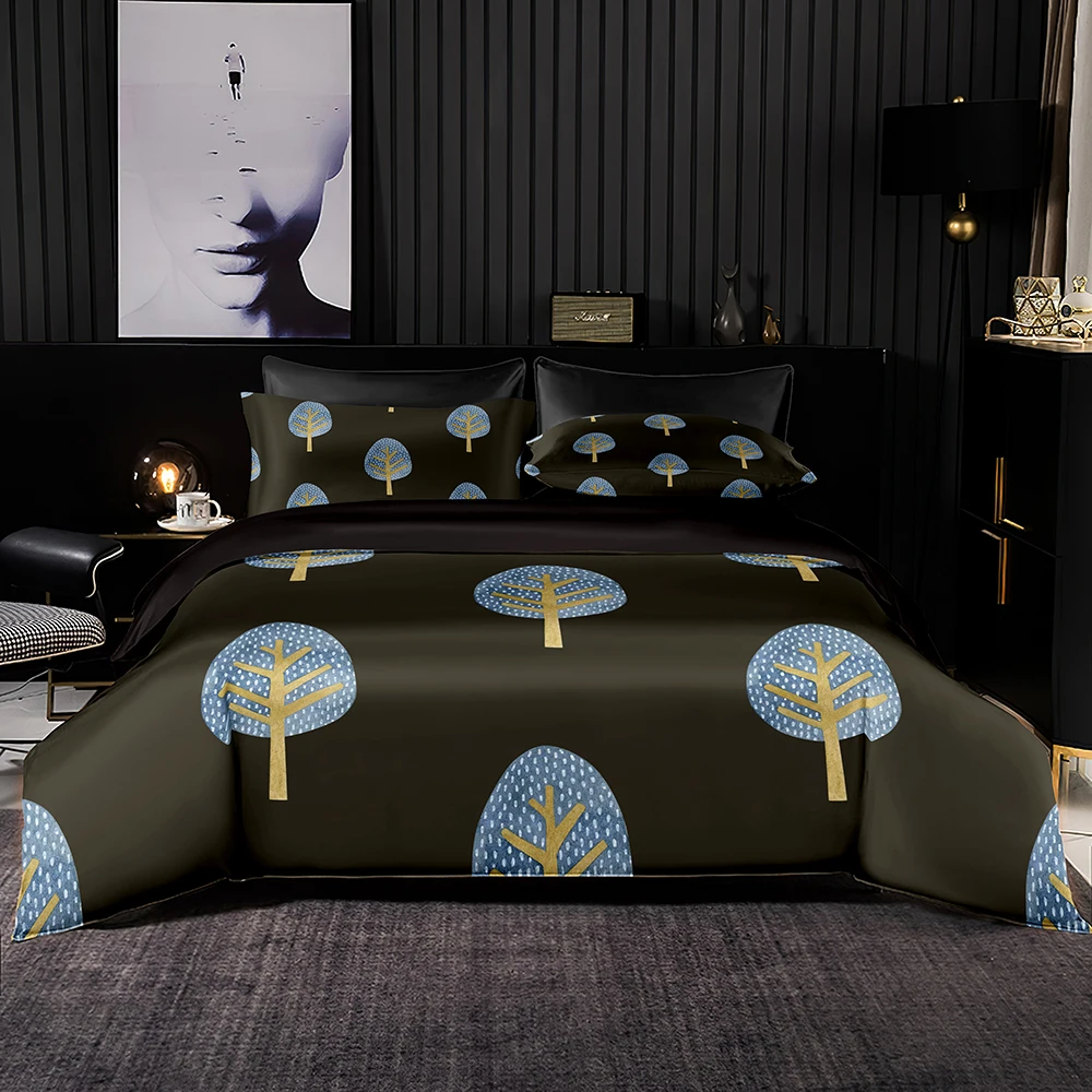 Quality Black Bedding Set Well Made Duvet Cover with Pillowcase Light Blue Cartoon Trees Print for Queen King Size Home Textile | Дом и сад