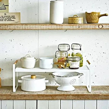 

Counter shelf Storage Shelf Organizer Expandable Stackable Kitchen Cabinet Organizer Wooden Handle Multifunctional Organizer