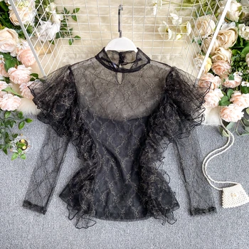 

2020 Summer Korea Fashion Women Elegant Black O-Neck Long Sleeve Blouse and Top Chiffon Blouse H666