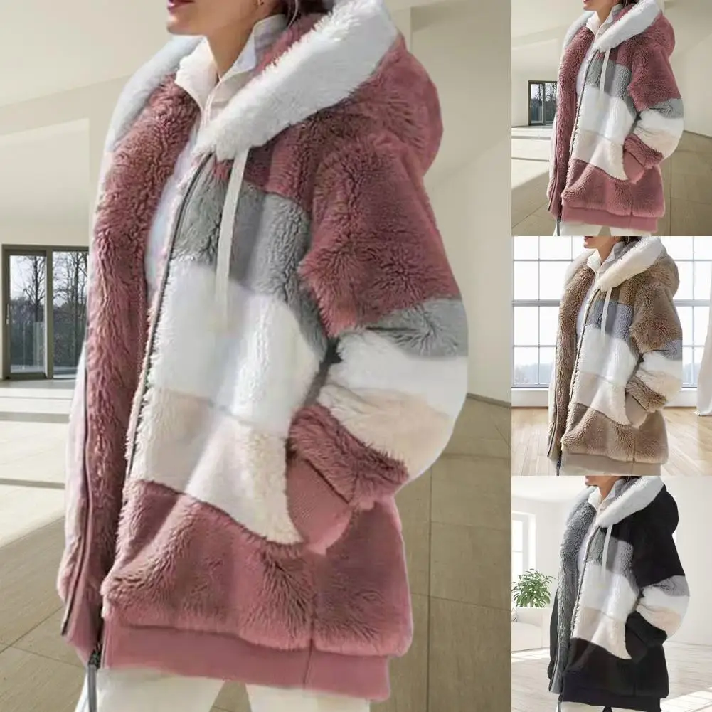 

Women Autumn Winter Long Sleeve Color Block Zipper Fluff Hooded Warm Coat Jacket