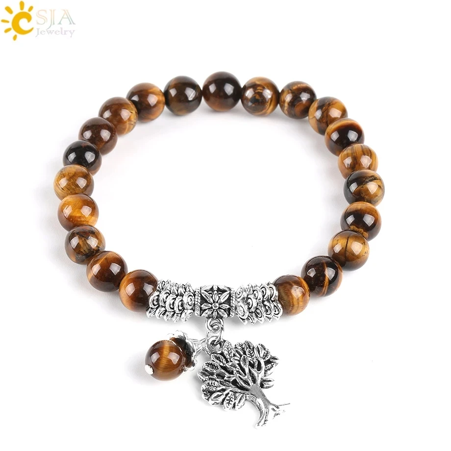 CSJA Natural Tiger Eye Lucky Gem Stone Tree of Life Bracelets 2017 Rosary Reiki Healing Energy Mala Yoga Beads Men Jewelry E725 1