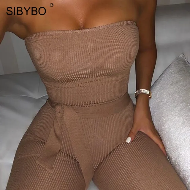 US $12.99 SIBYBO Ribbed Off Shoulder Sexy Jumpsuit Women Strapless Drawstring Summer Women Rompers Skinny Bac