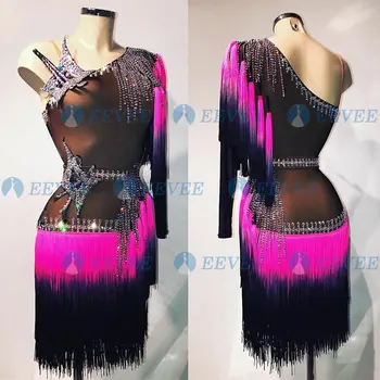 

New style Latin dance costume sexy see thought Rhinestone latin dance dress for women tassel latin dance competition dresses