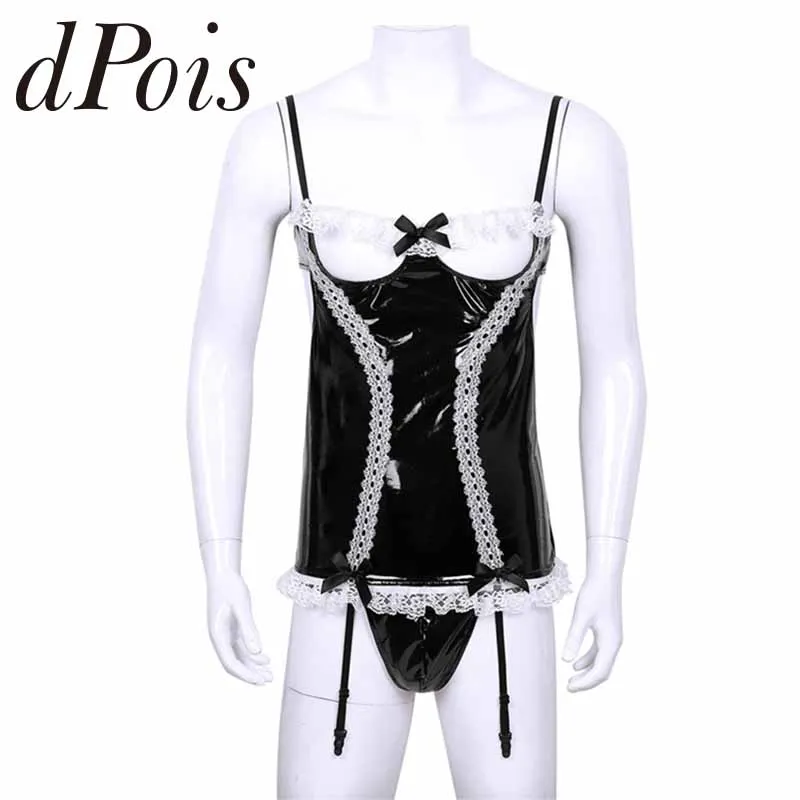 

2Pcs Men Wetlook Patent Leather Sissy Lingerie Maid Outfit Adjustable Straps Garters Hollow Out Chest Corset Open Butt G-string