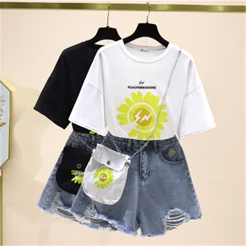 

CBAFU summer 2 piece set women denim shorts set flower print loose Tshirt daisy embroidery wide legs jeans suit with bag F357