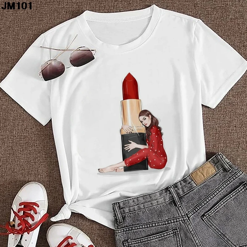 

New Women Tshirt Maiden Embrace Lipstick Print T Shirt Summer Fashion Korean Short Sleeve White Tops Tee Female T-shirt Clothing