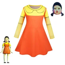 Movie Squid Game Kids Dresses + Mask Girls Costume 123 Doll Cosplay Children Birthday Party Clothing Baby Fancy Outfits