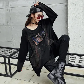 

#2284 Spring Autumn Irregular Cotton Sweatshirts For Women Long Sleeve O-neck Front Pockets Sweatshirt Lady Fashion Streetwear