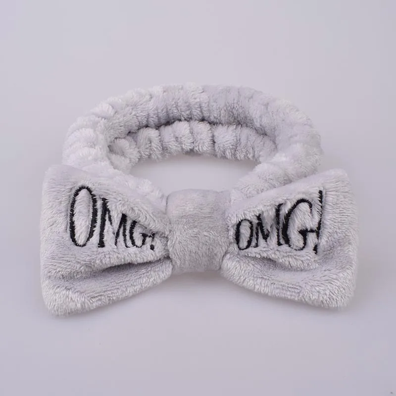 Повязки на голову с надписью OMG для женщин, коралловый флис, мягкий бант, для девушек, для мытья лица, повязки на голову, повязка на голову, эластичная повязка на голову, cheveux homme - Цвет: Черный