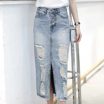 

2020 Spring Summer Autumn fashion women long denim skirt casual plus size skirts vintage jeans Hem Split pencil skirts
